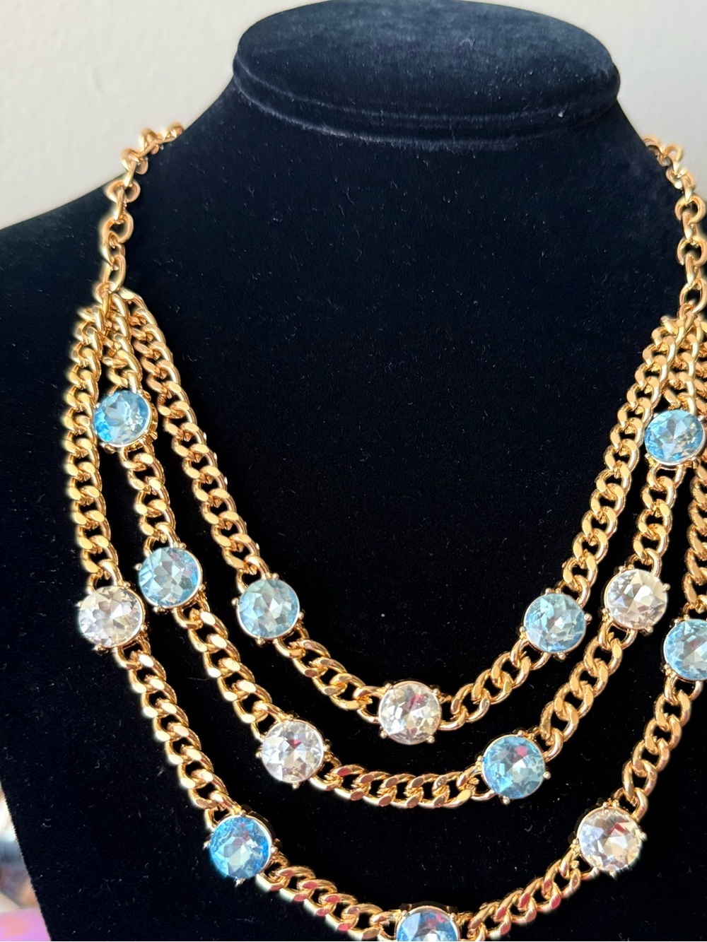 Gold Multi-Row Necklace with Light Blue Crystal Accents